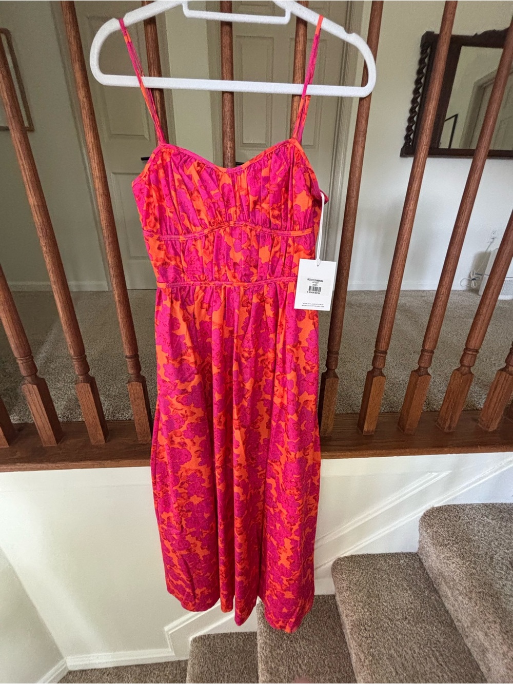 Sleeveless Pink & Orange Midi Sundress with Spaghetti Straps